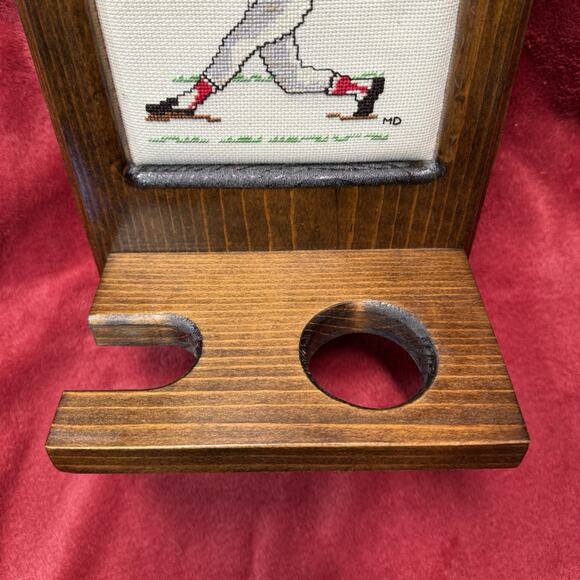 Vintage Baseball Bat & Ball Holder Wood Stand w/ Needlepoint Player Art - Picture 3 of 6